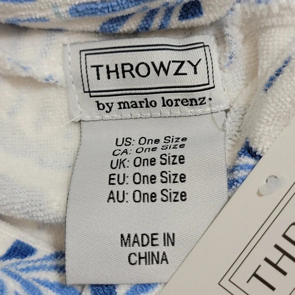Throwzy by Marlo Hooded Coverup Women One Size Blue White Seashells Beach Poncho